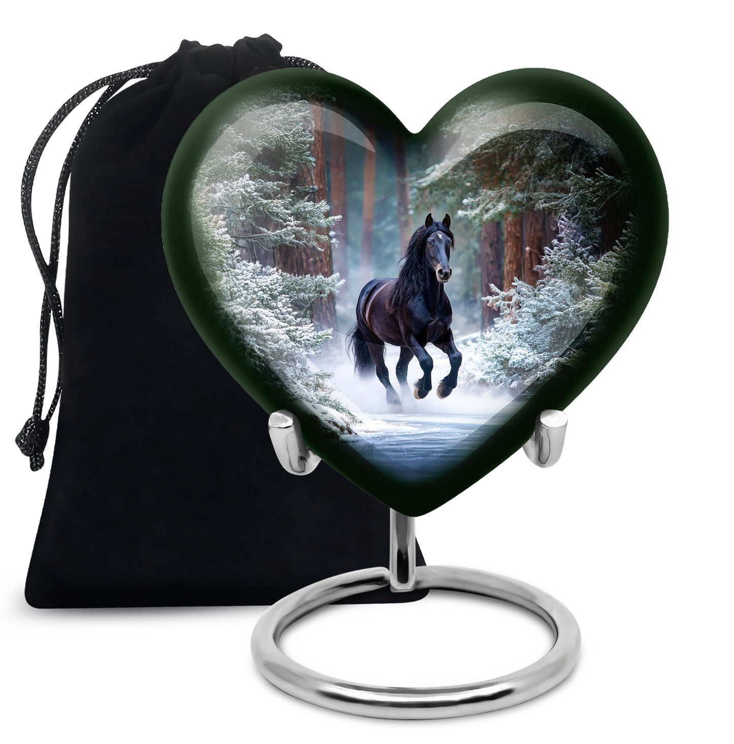 Misty Blue Horse Cremation Urn detail view - heart-shaped horse design symbolizing eternal love - full-size 10 inch 200 cubic inch adult cremation urn