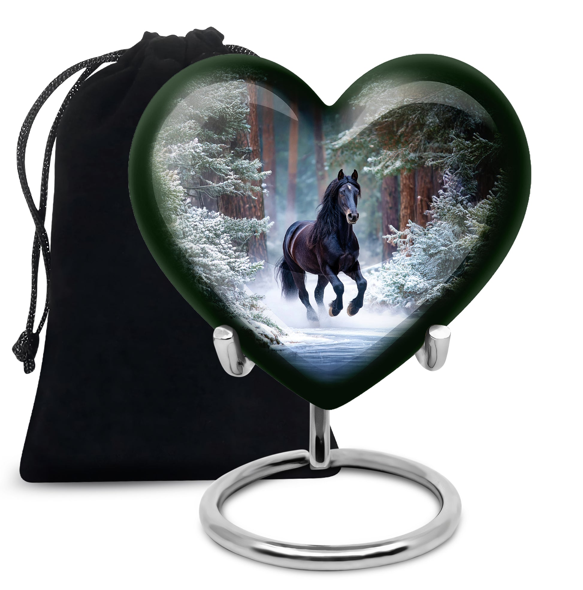 Misty Blue Horse Cremation Urn detail view - heart-shaped horse design symbolizing eternal love - full-size 10 inch 200 cubic inch adult cremation urn