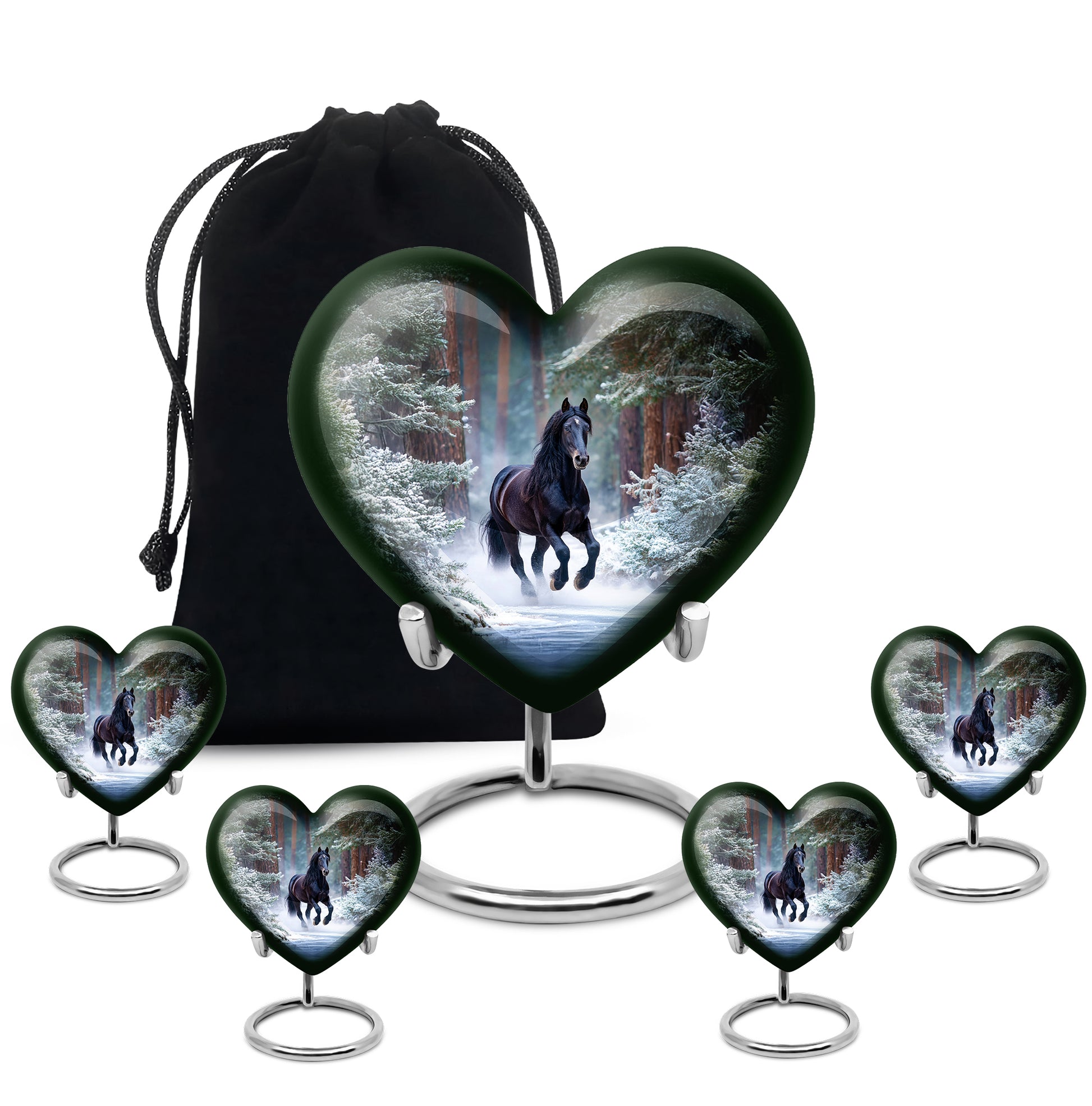 Slate Blue Horse Cremation Urn close-up of engraving and surface detail - heart-shaped horse design symbolizing eternal love - memorial set with one large and four small urns