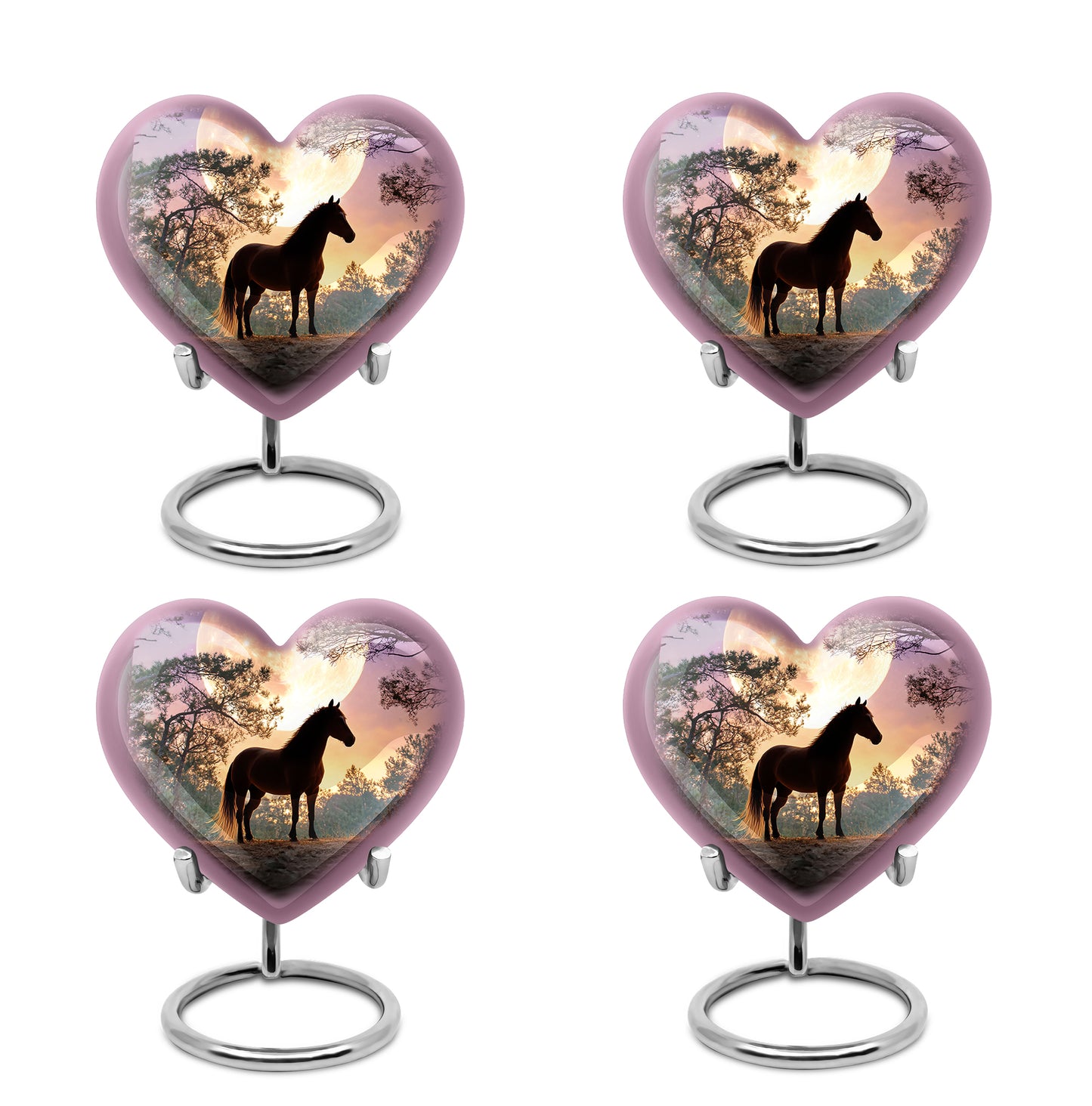 Indigo Horse Cremation Urn angled view of lid and engraved motif - heart-shaped horse design symbolizing eternal love - 10 inch aluminum urn for cremated remains
