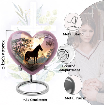 Pastel Blue Horse Cremation Urn front view showing detailed design - loving heart memorial featuring horse pattern - mini keepsake memorial for portion of cremation ashes