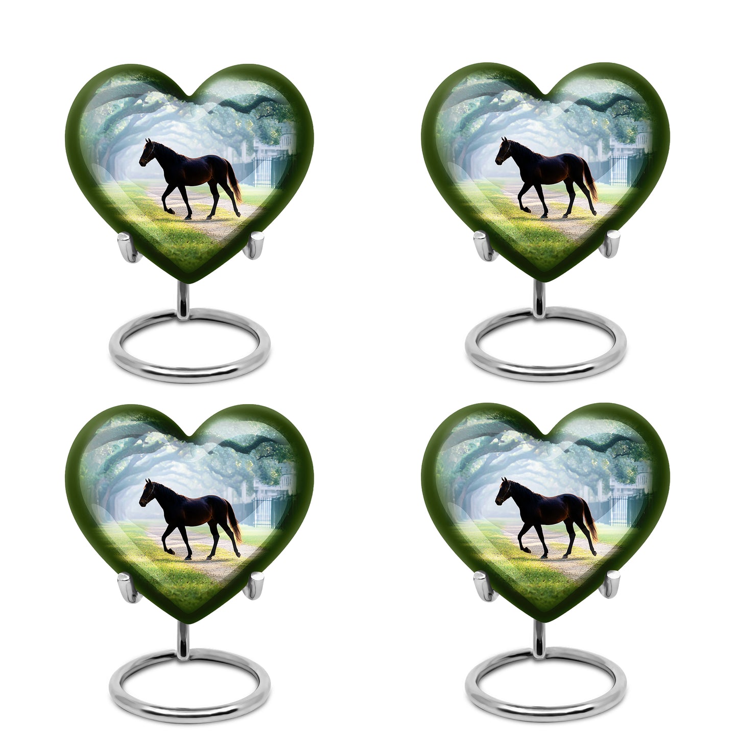 Soft Teal Horse Cremation Urn angled view of lid and engraved motif - heart-shaped horse design symbolizing eternal love - 10 inch aluminum urn for cremated remains