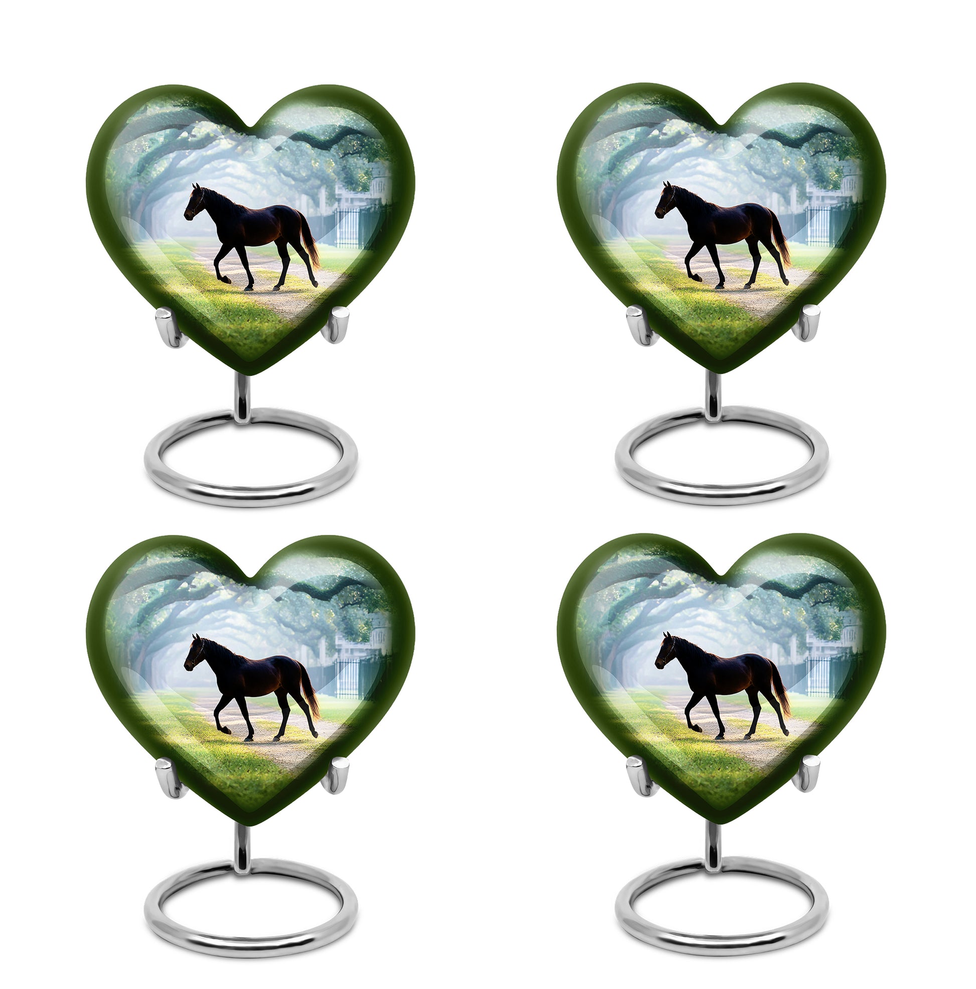 Soft Teal Horse Cremation Urn angled view of lid and engraved motif - heart-shaped horse design symbolizing eternal love - 10 inch aluminum urn for cremated remains