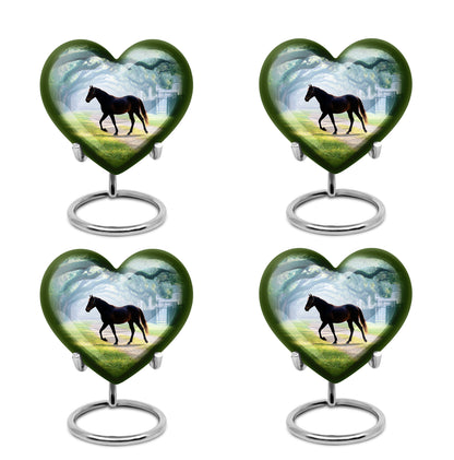 Soft Teal Horse Cremation Urn angled view of lid and engraved motif - heart-shaped horse design symbolizing eternal love - 10 inch aluminum urn for cremated remains
