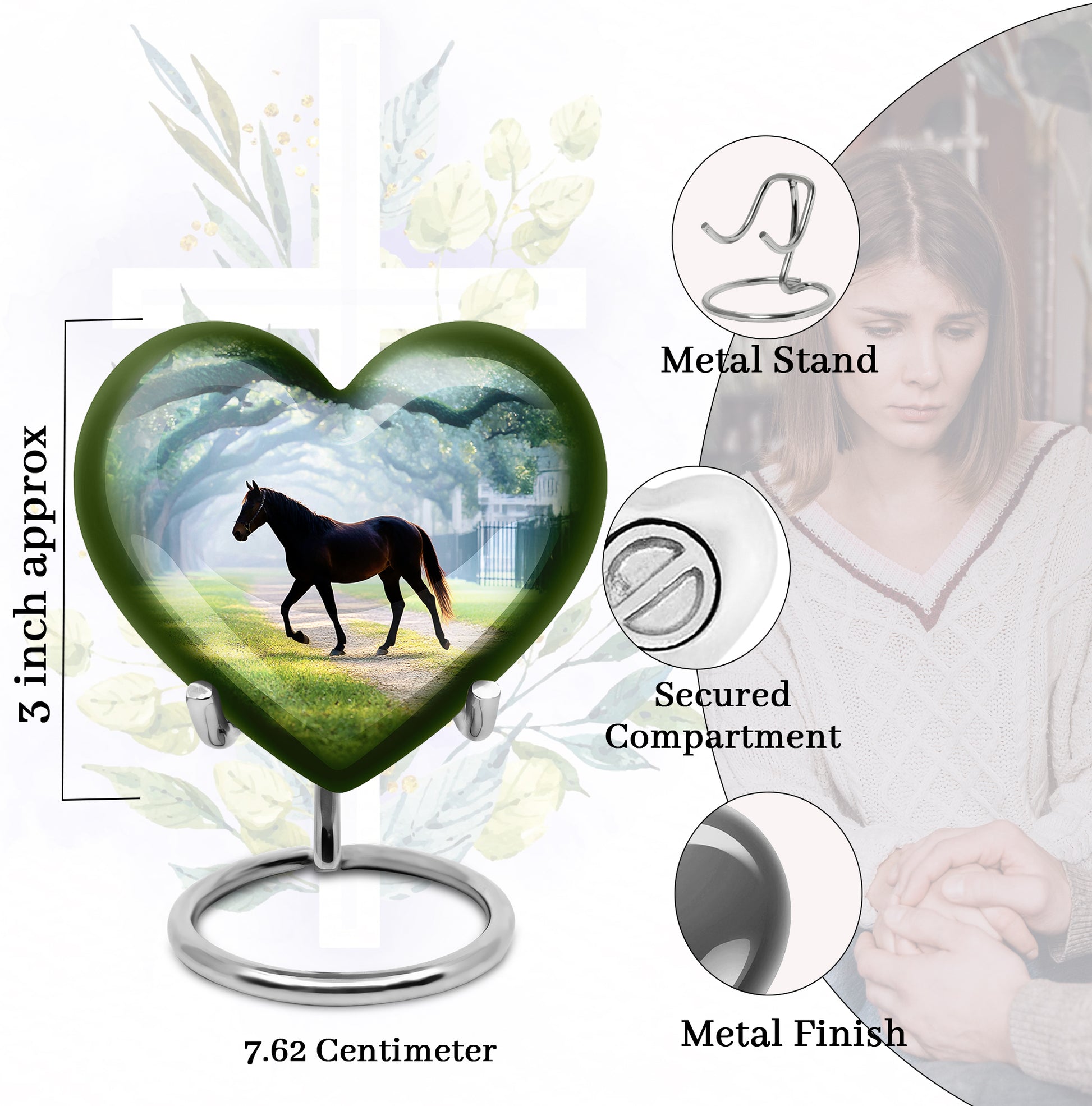 Ocean Teal Horse Cremation Urn front view showing detailed design - loving heart memorial featuring horse pattern - mini keepsake memorial for portion of cremation ashes