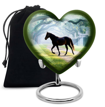 Tropical Teal Horse Cremation Urn detail view - compassionate heart-horse combination with gentle curves - full-size 10 inch 200 cubic inch adult cremation urn