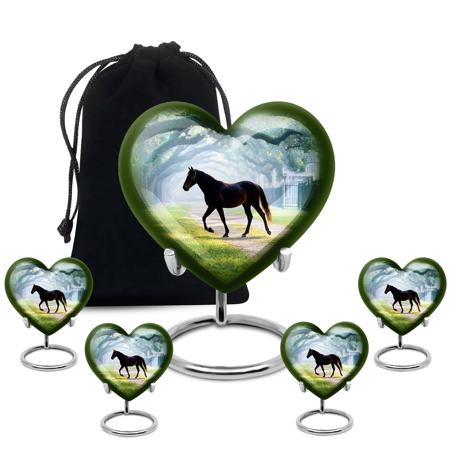 Tropical Teal Horse Cremation Urn close-up of engraving and surface detail - compassionate heart-horse combination with gentle curves - memorial set with one large and four small urns