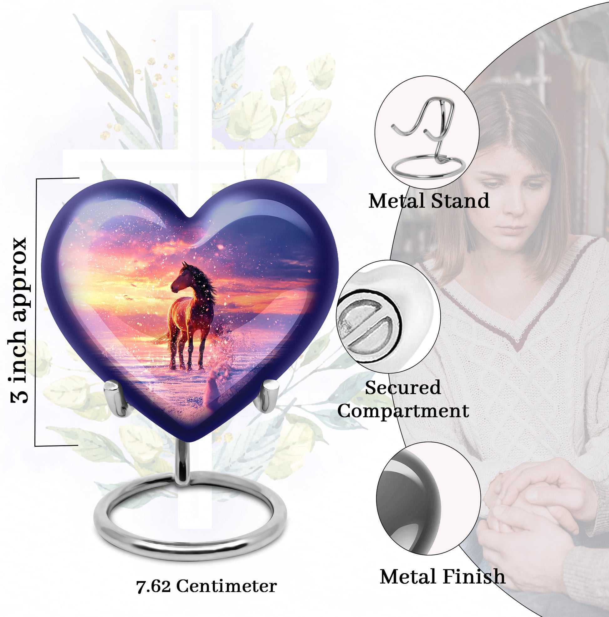 Sapphire Blue Horse Cremation Urn front view showing detailed design - compassionate heart-horse combination with gentle curves - mini keepsake memorial for portion of cremation ashes
