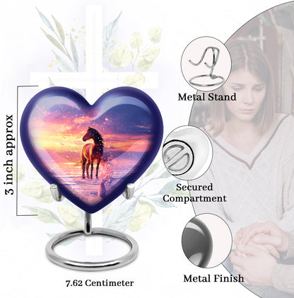 Sapphire Blue Horse Cremation Urn front view showing detailed design - compassionate heart-horse combination with gentle curves - mini keepsake memorial for portion of cremation ashes