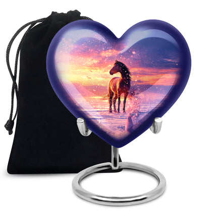 Icy Blue Horse Cremation Urn detail view - loving heart memorial featuring horse pattern - full-size 10 inch 200 cubic inch adult cremation urn