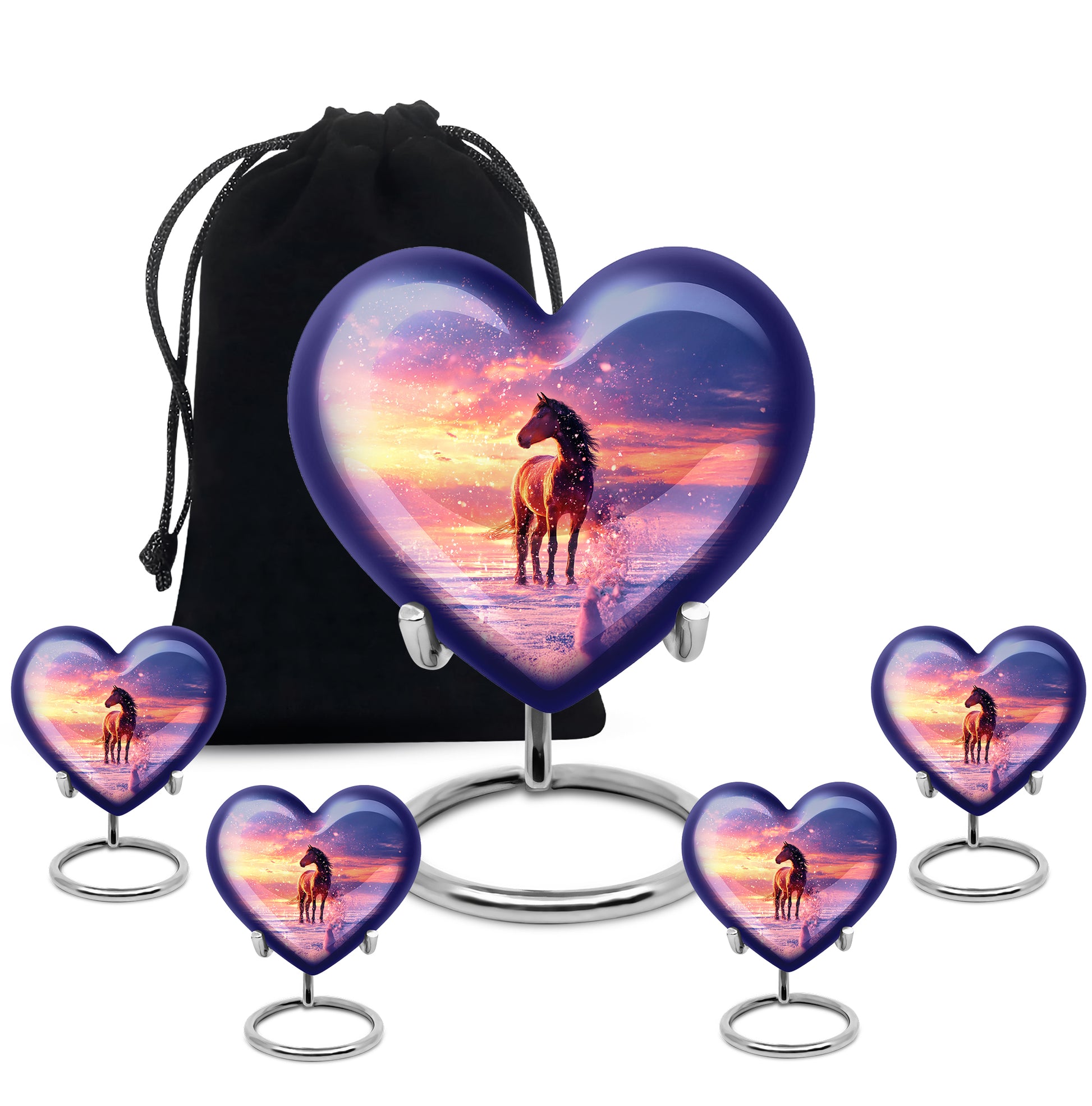 Navy Blue Horse Cremation Urn close-up of engraving and surface detail - loving heart memorial featuring horse pattern - memorial set with one large and four small urns
