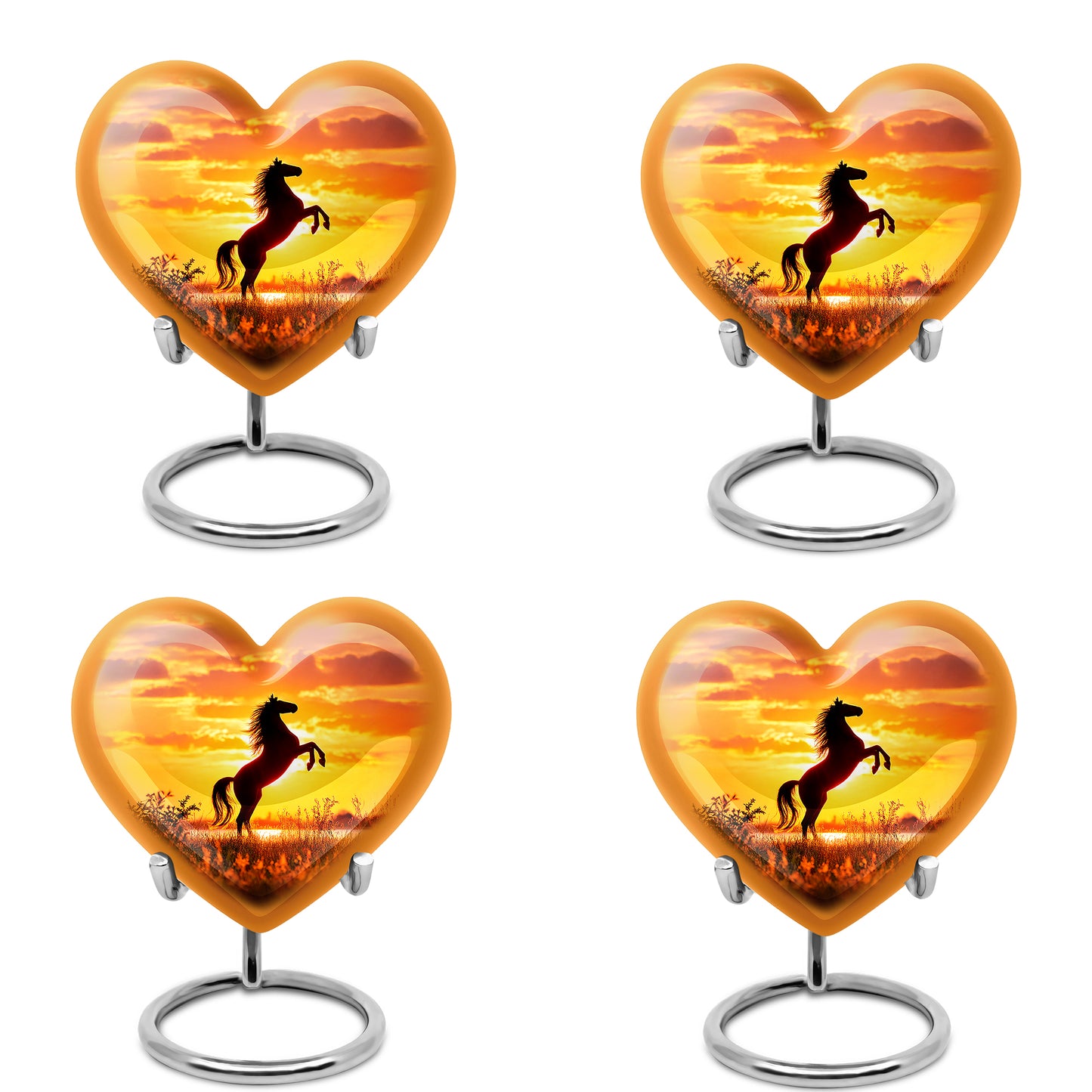 Wine Red Horse Cremation Urn angled view of lid and engraved motif - heart-shaped horse design symbolizing eternal love - 10 inch aluminum urn for cremated remains