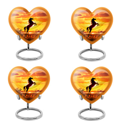 Wine Red Horse Cremation Urn angled view of lid and engraved motif - heart-shaped horse design symbolizing eternal love - 10 inch aluminum urn for cremated remains