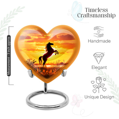 Garnet Red Horse Cremation Urn front view showing detailed design - heart-shaped horse design symbolizing eternal love - mini keepsake memorial for portion of cremation ashes
