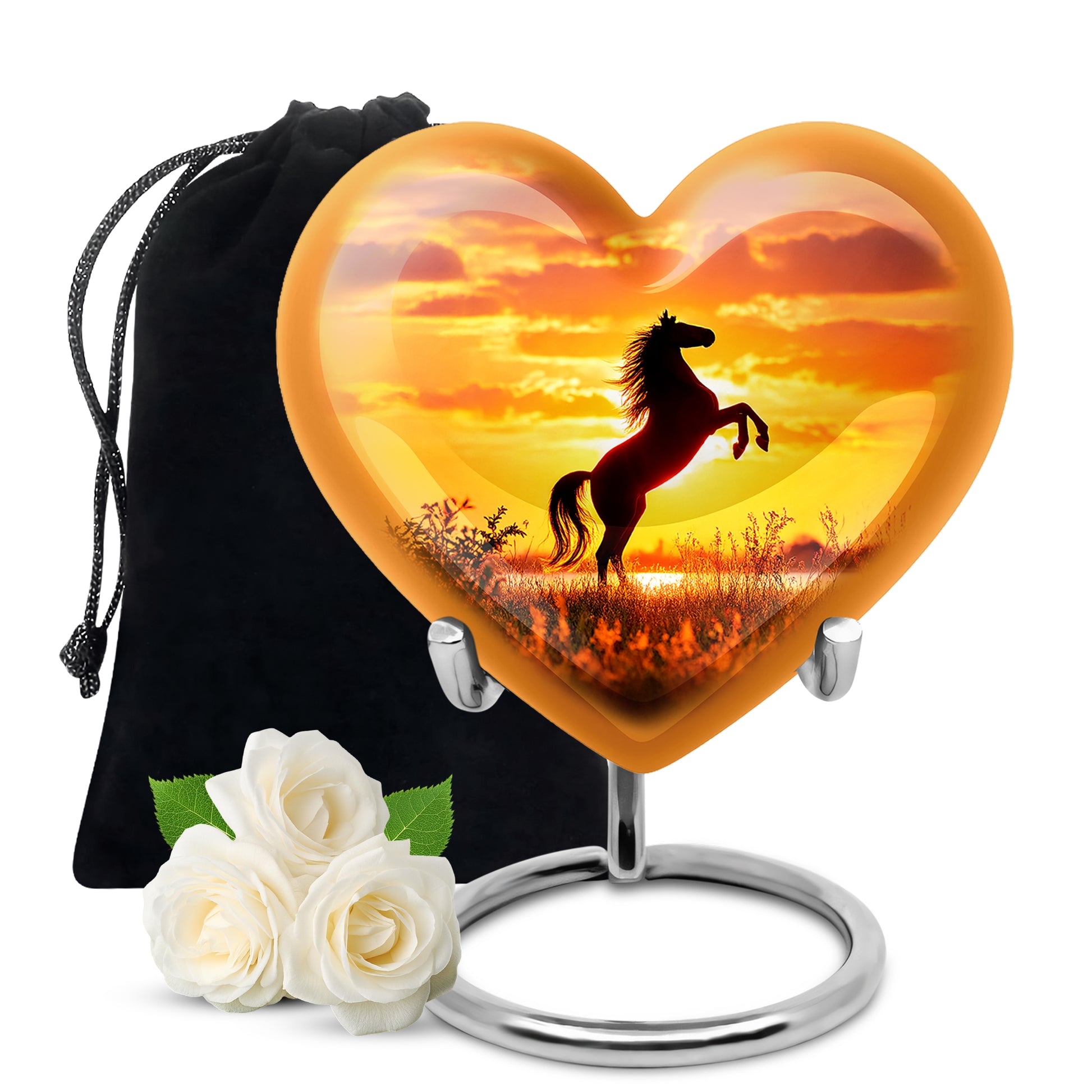 Rich Red Horse Cremation Urn detail view - romantic heart urn with horse motif on aluminum - full-size 10 inch 200 cubic inch adult cremation urn