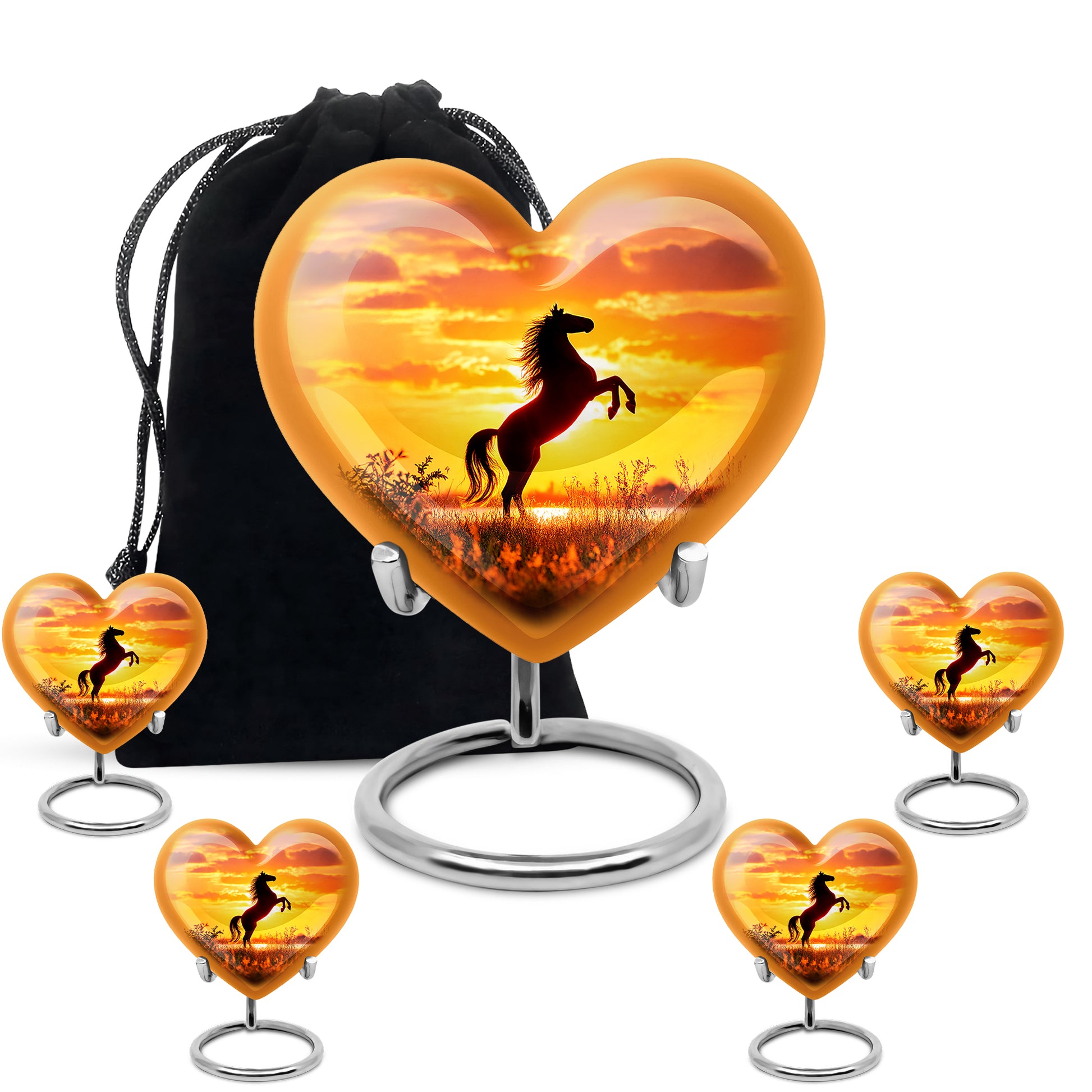 Scarlet Red Horse Cremation Urn close-up of engraving and surface detail - romantic heart urn with horse motif on aluminum - memorial set with one large and four small urns
