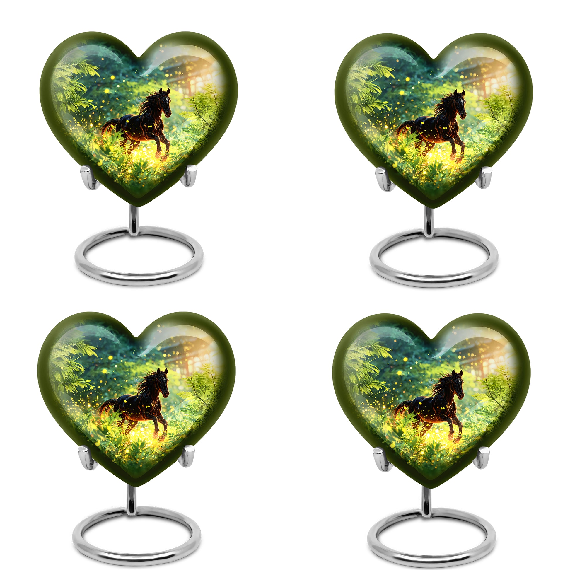 Deep Teal Horse Cremation Urn angled view of lid and engraved motif - romantic heart urn with horse motif on aluminum - 10 inch aluminum urn for cremated remains