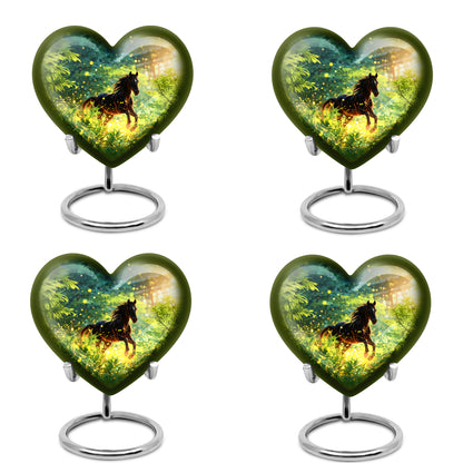Deep Teal Horse Cremation Urn angled view of lid and engraved motif - romantic heart urn with horse motif on aluminum - 10 inch aluminum urn for cremated remains