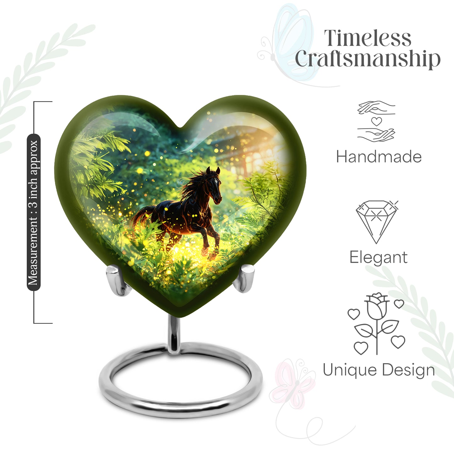 Cool Teal Horse Cremation Urn front view showing detailed design - heart-shaped horse design symbolizing eternal love - mini keepsake memorial for portion of cremation ashes