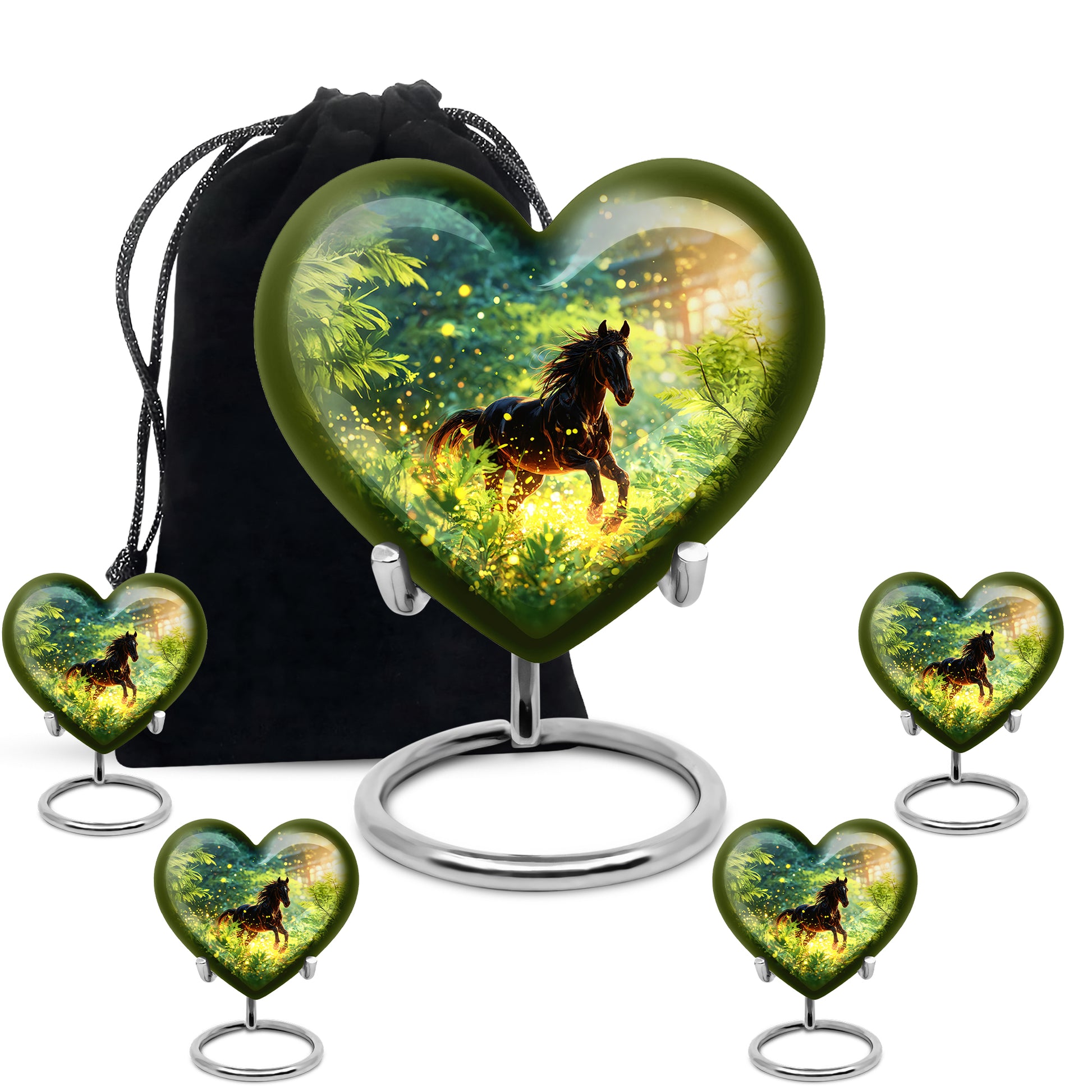 Vivid Teal Horse Cremation Urn close-up of engraving and surface detail - compassionate heart-horse combination with gentle curves - memorial set with one large and four small urns