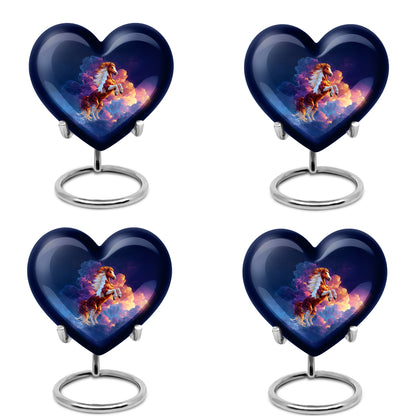 Navy Blue Horse Cremation Urn angled view of lid and engraved motif - heart-shaped horse design symbolizing eternal love - 10 inch aluminum urn for cremated remains