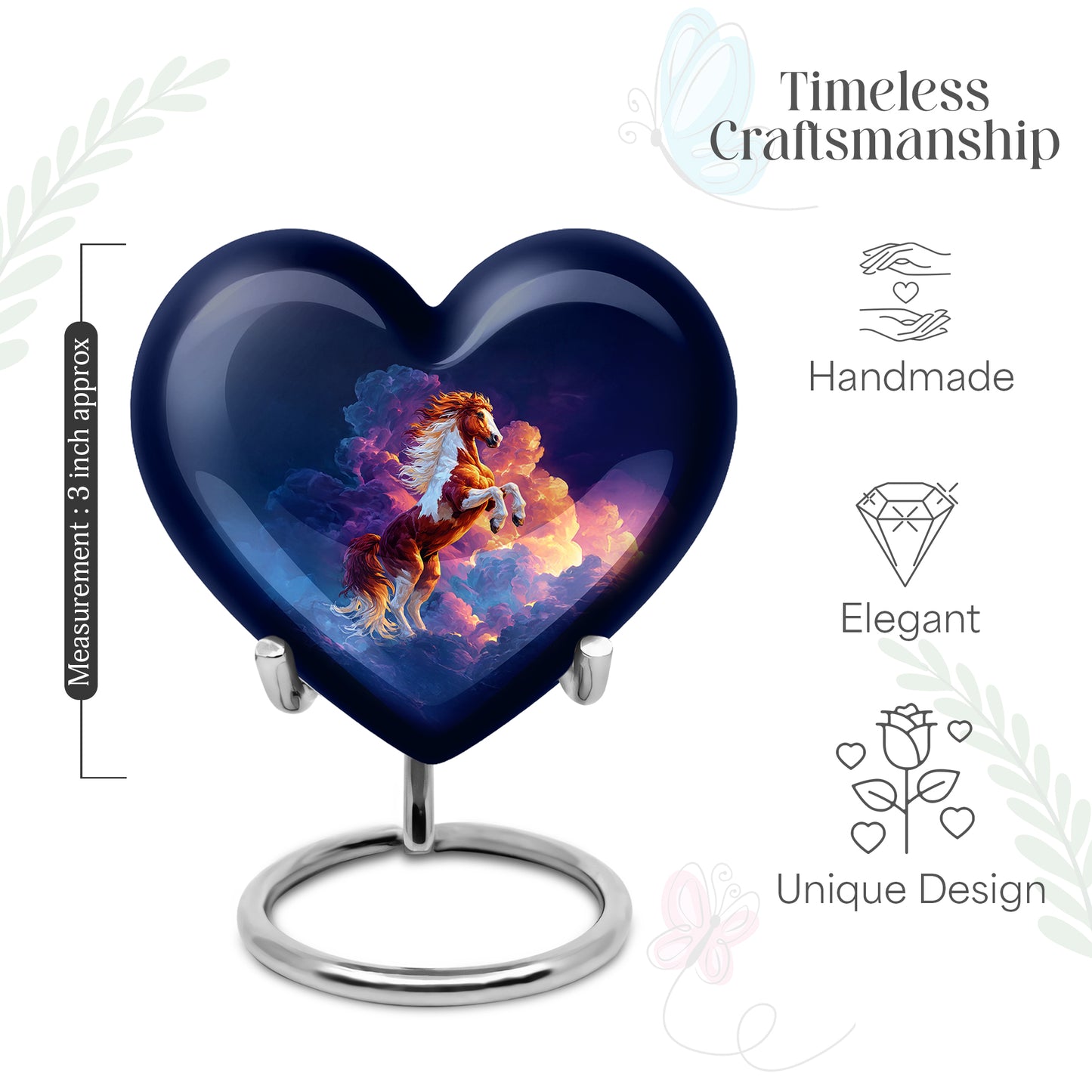 Powder Blue Horse Cremation Urn front view showing detailed design - loving heart memorial featuring horse pattern - mini keepsake memorial for portion of cremation ashes