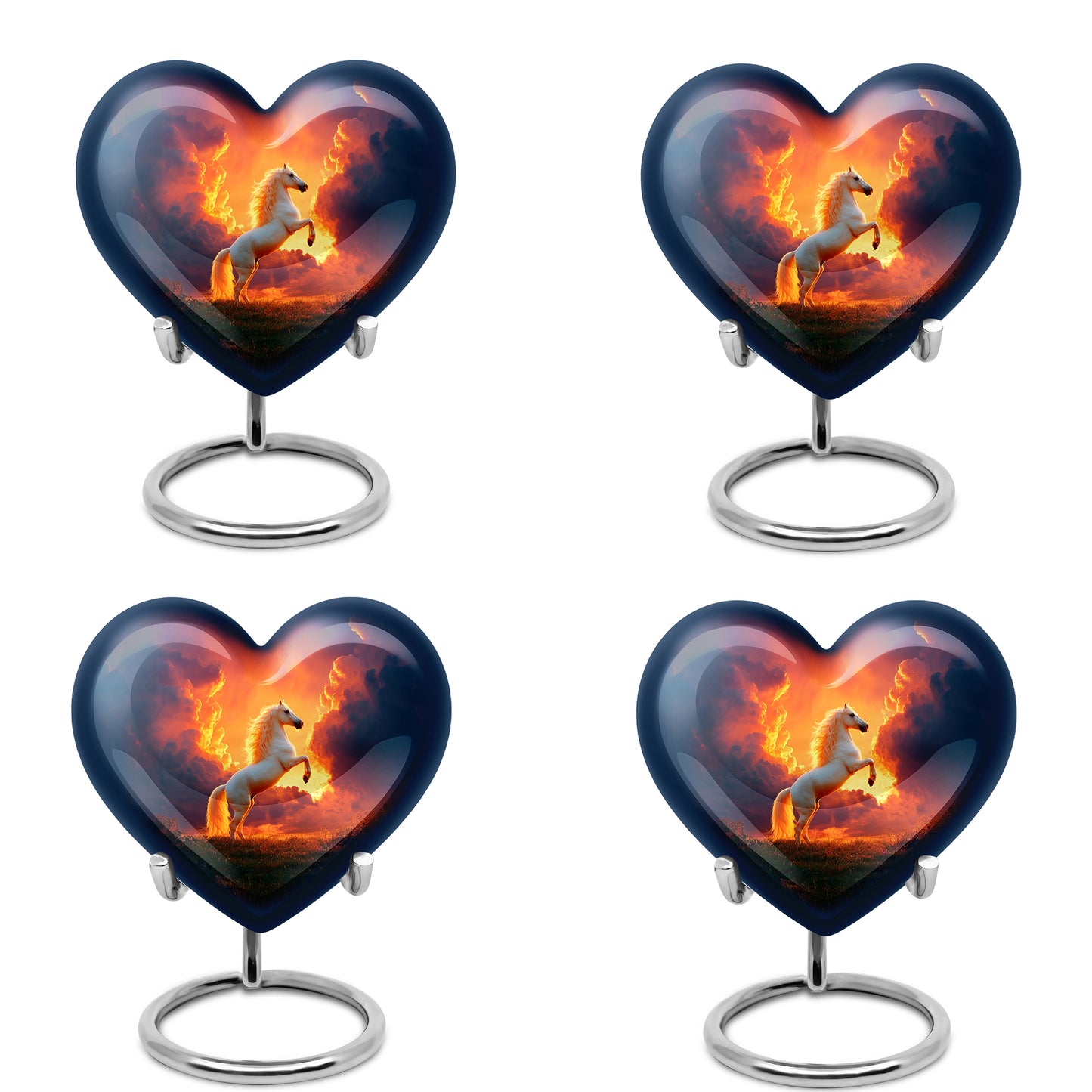 Garnet Red Horse Cremation Urn angled view of lid and engraved motif - loving heart memorial featuring horse pattern - 10 inch aluminum urn for cremated remains