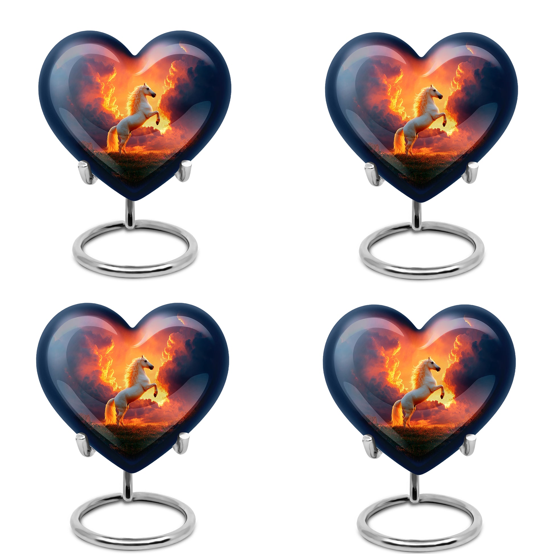 Garnet Red Horse Cremation Urn angled view of lid and engraved motif - loving heart memorial featuring horse pattern - 10 inch aluminum urn for cremated remains