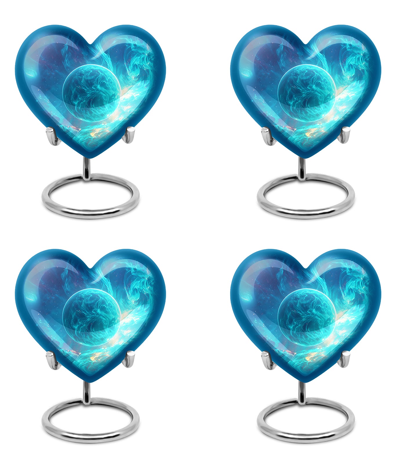 Powder Blue Galaxy Cremation Urn angled view of lid and engraved motif - heart-shaped galaxy design symbolizing eternal love - 10 inch aluminum urn for cremated remains