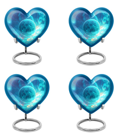 Powder Blue Galaxy Cremation Urn angled view of lid and engraved motif - heart-shaped galaxy design symbolizing eternal love - 10 inch aluminum urn for cremated remains
