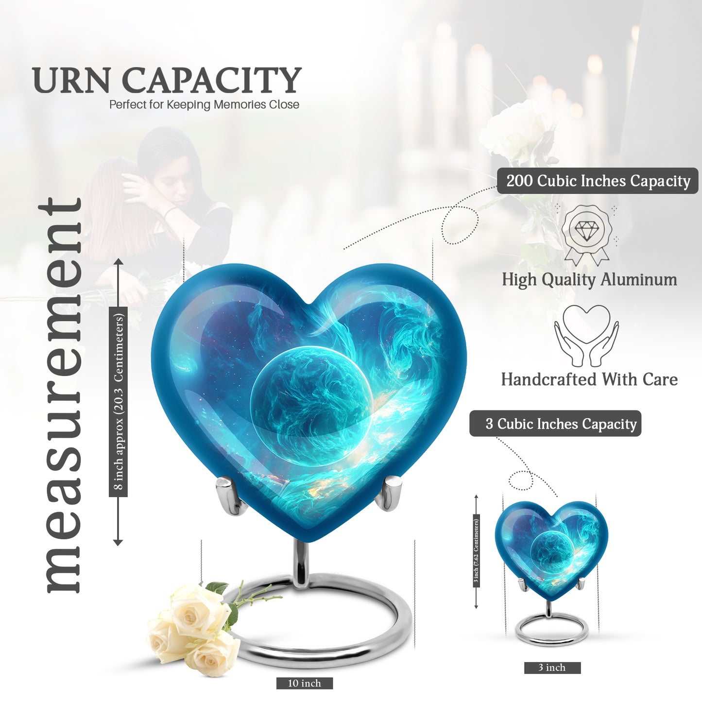 Sapphire Blue Galaxy Cremation Urn front view showing detailed design - compassionate heart-galaxy combination with gentle curves - mini keepsake memorial for portion of cremation ashes