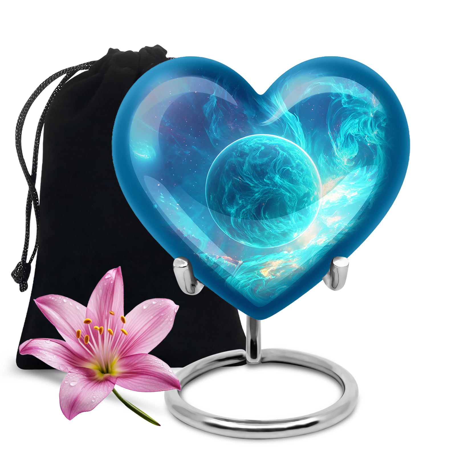 Dusty Blue Galaxy Cremation Urn detail view - heart-shaped galaxy design symbolizing eternal love - full-size 10 inch 200 cubic inch adult cremation urn