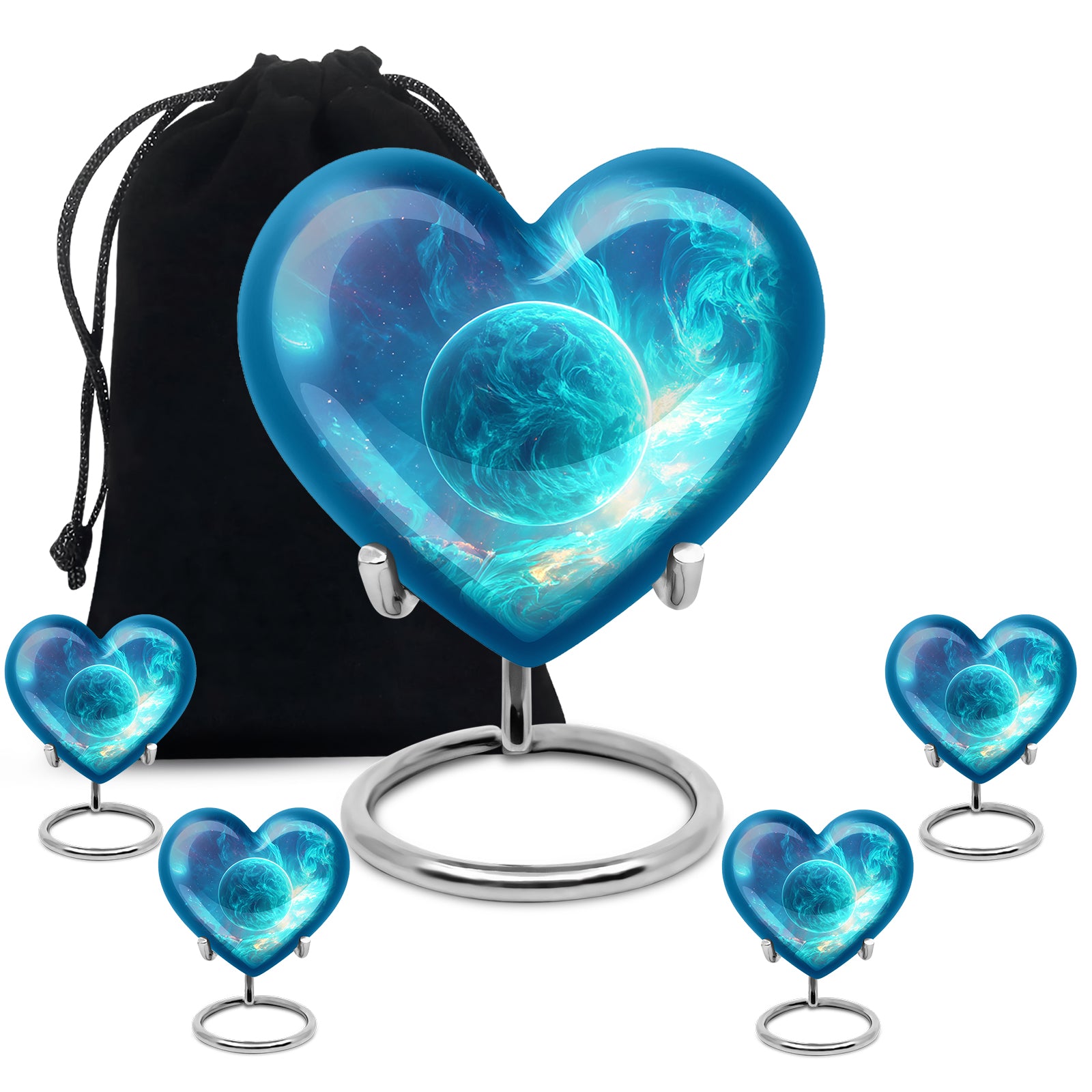 Indigo Galaxy Cremation Urn close-up of engraving and surface detail - heart-shaped galaxy design symbolizing eternal love - memorial set with one large and four small urns