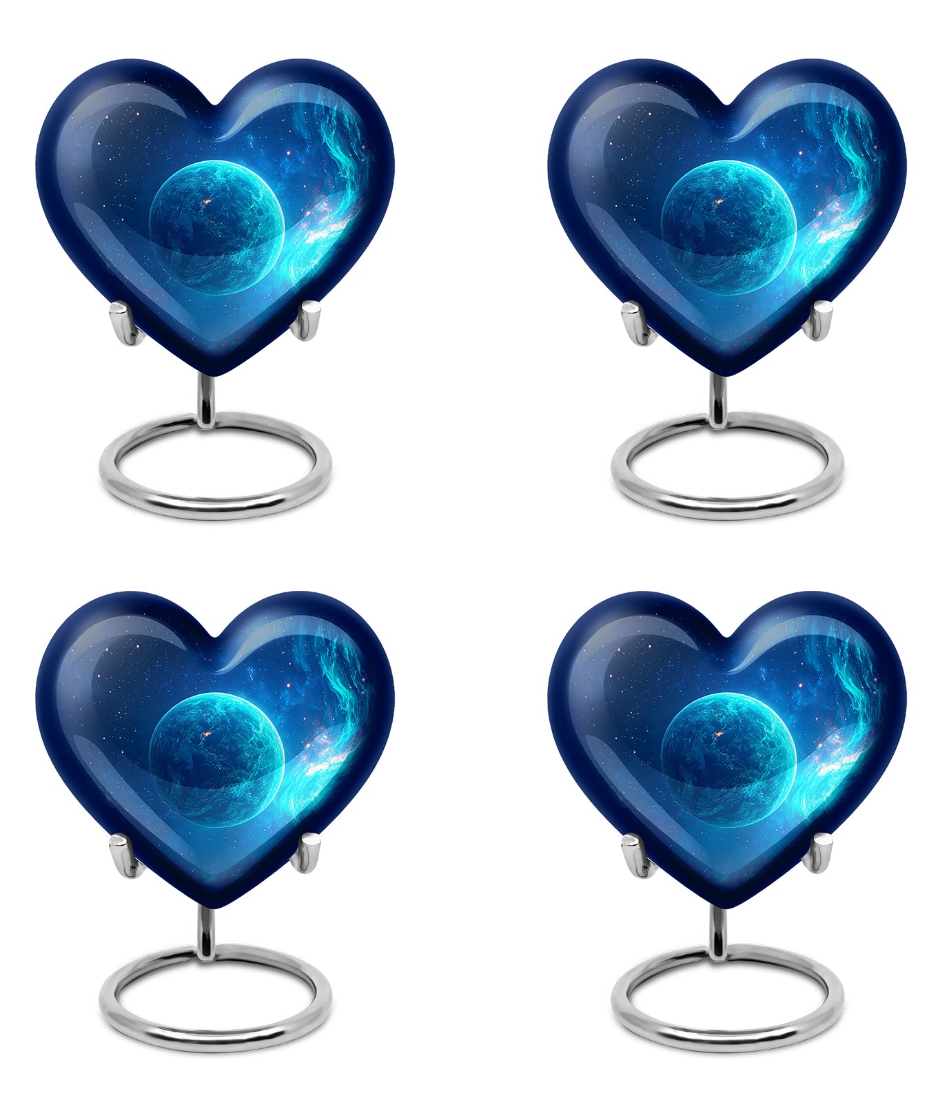 Slate Blue Galaxy Cremation Urn angled view of lid and engraved motif - loving heart memorial featuring galaxy pattern - 10 inch aluminum urn for cremated remains