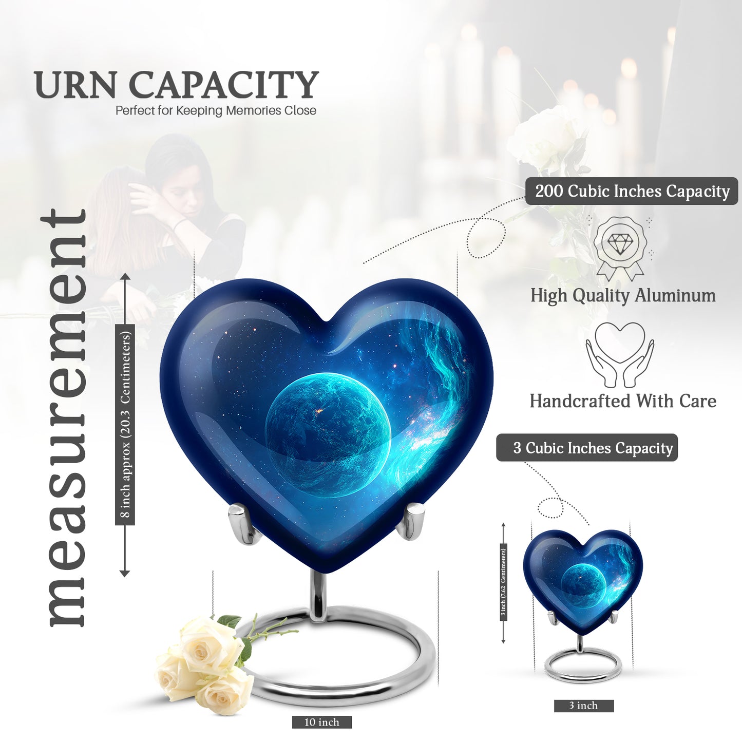 Sky Blue Galaxy Cremation Urn front view showing detailed design - heart-shaped galaxy design symbolizing eternal love - mini keepsake memorial for portion of cremation ashes