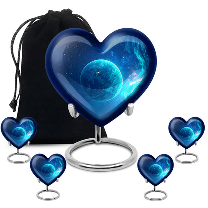 Calming Blue Galaxy Cremation Urn close-up of engraving and surface detail - compassionate heart-galaxy combination with gentle curves - memorial set with one large and four small urns
