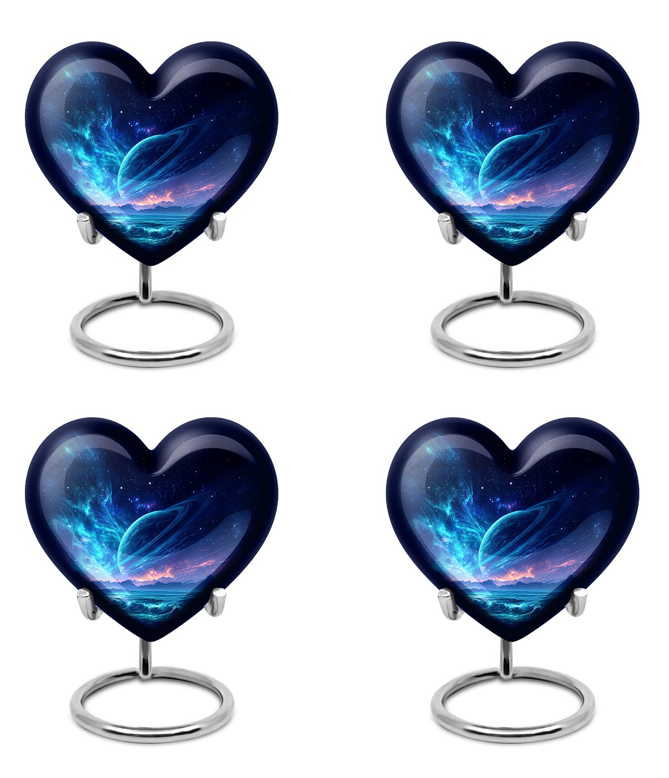 Cornflower Blue Galaxy Cremation Urn angled view of lid and engraved motif - compassionate heart-galaxy combination with gentle curves - 10 inch aluminum urn for cremated remains