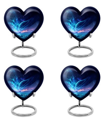 Cornflower Blue Galaxy Cremation Urn angled view of lid and engraved motif - compassionate heart-galaxy combination with gentle curves - 10 inch aluminum urn for cremated remains