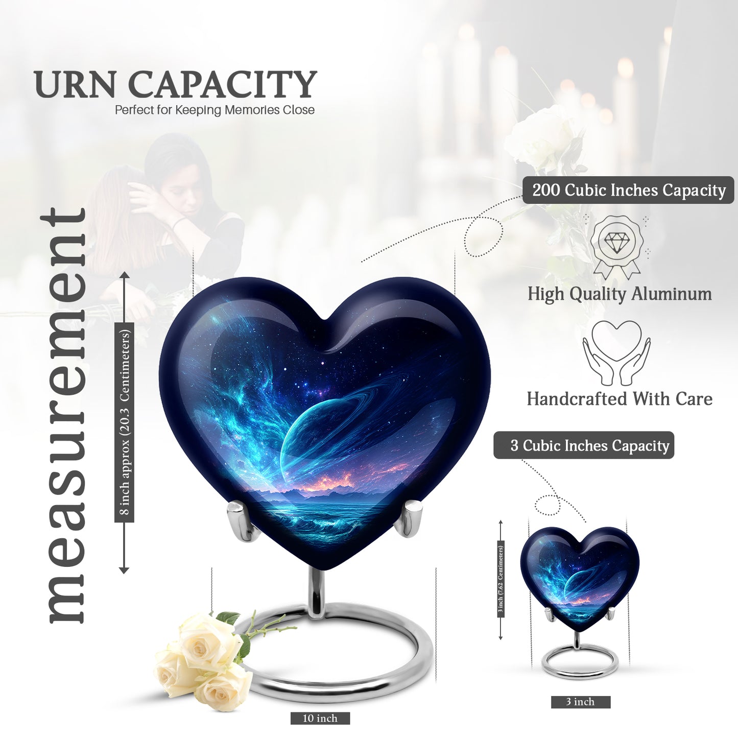 Sapphire Blue Galaxy Cremation Urn front view showing detailed design - romantic heart urn with galaxy motif on aluminum - mini keepsake memorial for portion of cremation ashes