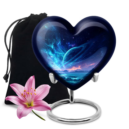 Twilight Blue Galaxy Cremation Urn detail view - compassionate heart-galaxy combination with gentle curves - full-size 10 inch 200 cubic inch adult cremation urn