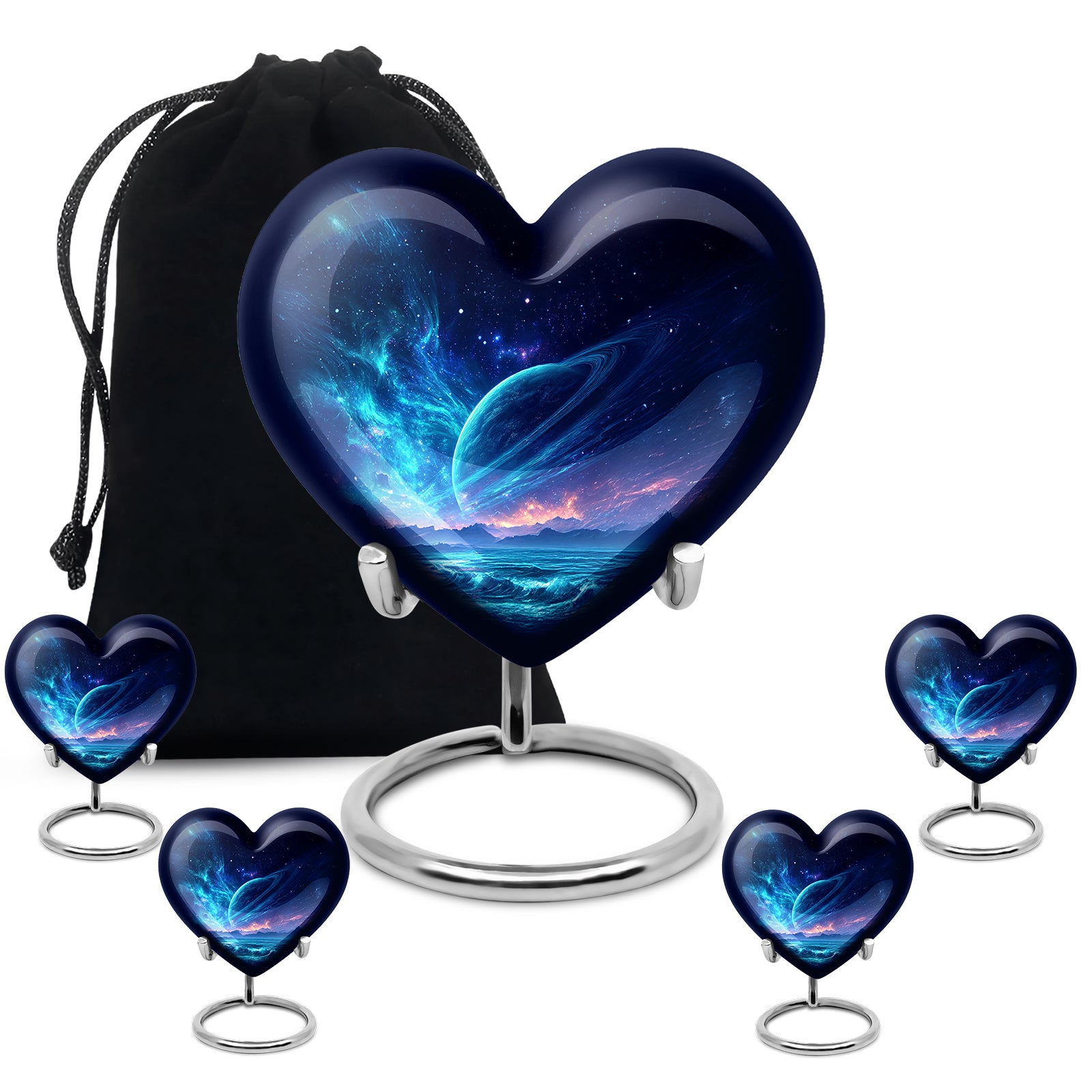 Vivid Blue Galaxy Cremation Urn close-up of engraving and surface detail - compassionate heart-galaxy combination with gentle curves - memorial set with one large and four small urns