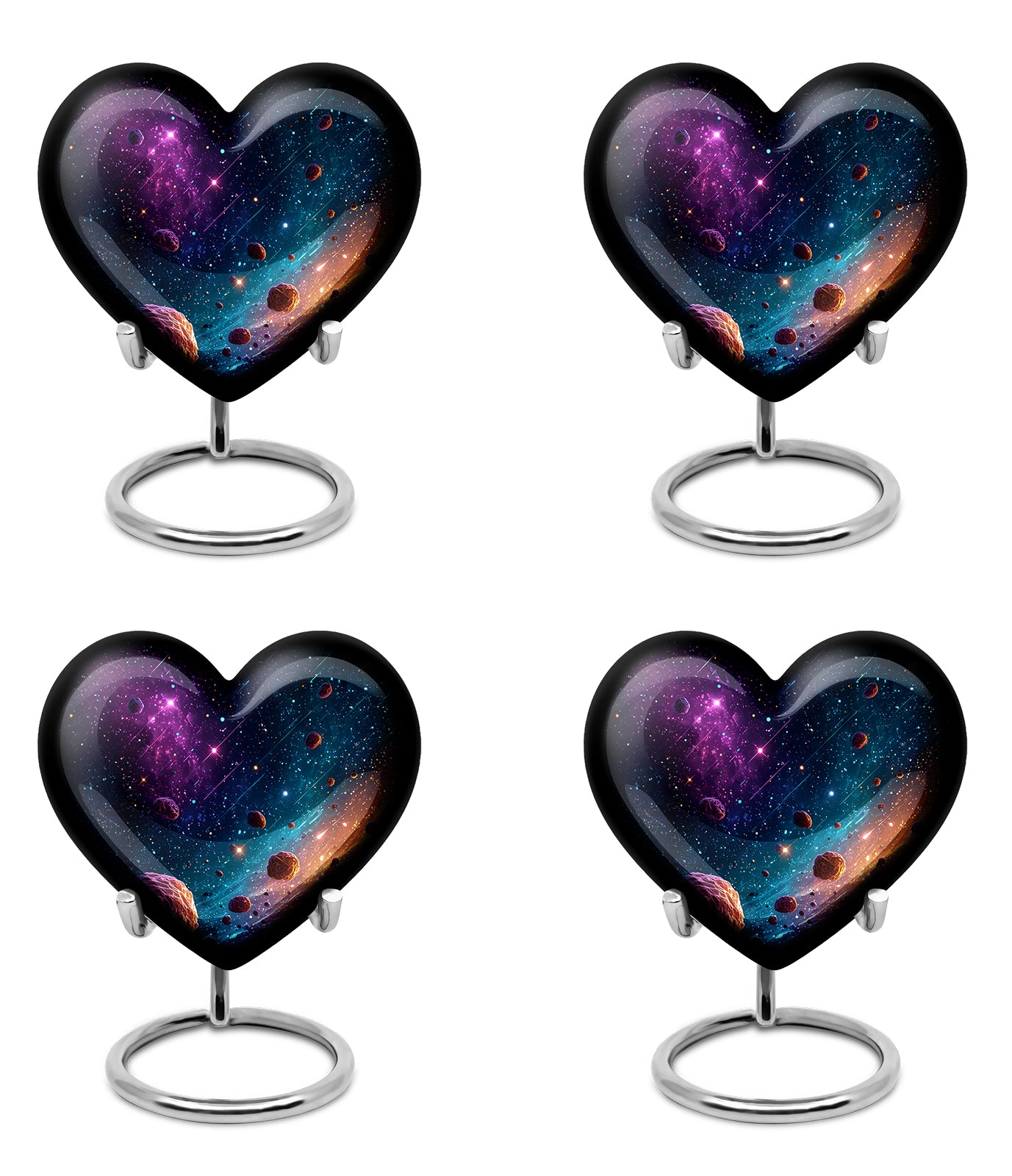 Twilight Blue Galaxy Cremation Urn angled view of lid and engraved motif - romantic heart urn with galaxy motif on aluminum - 10 inch aluminum urn for cremated remains