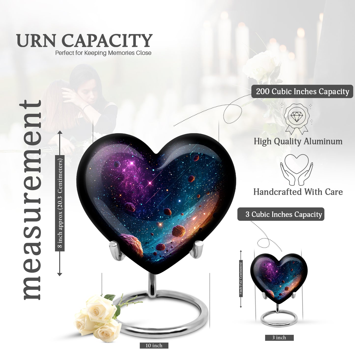 Dusty Blue Galaxy Cremation Urn front view showing detailed design - heart-shaped galaxy design symbolizing eternal love - mini keepsake memorial for portion of cremation ashes
