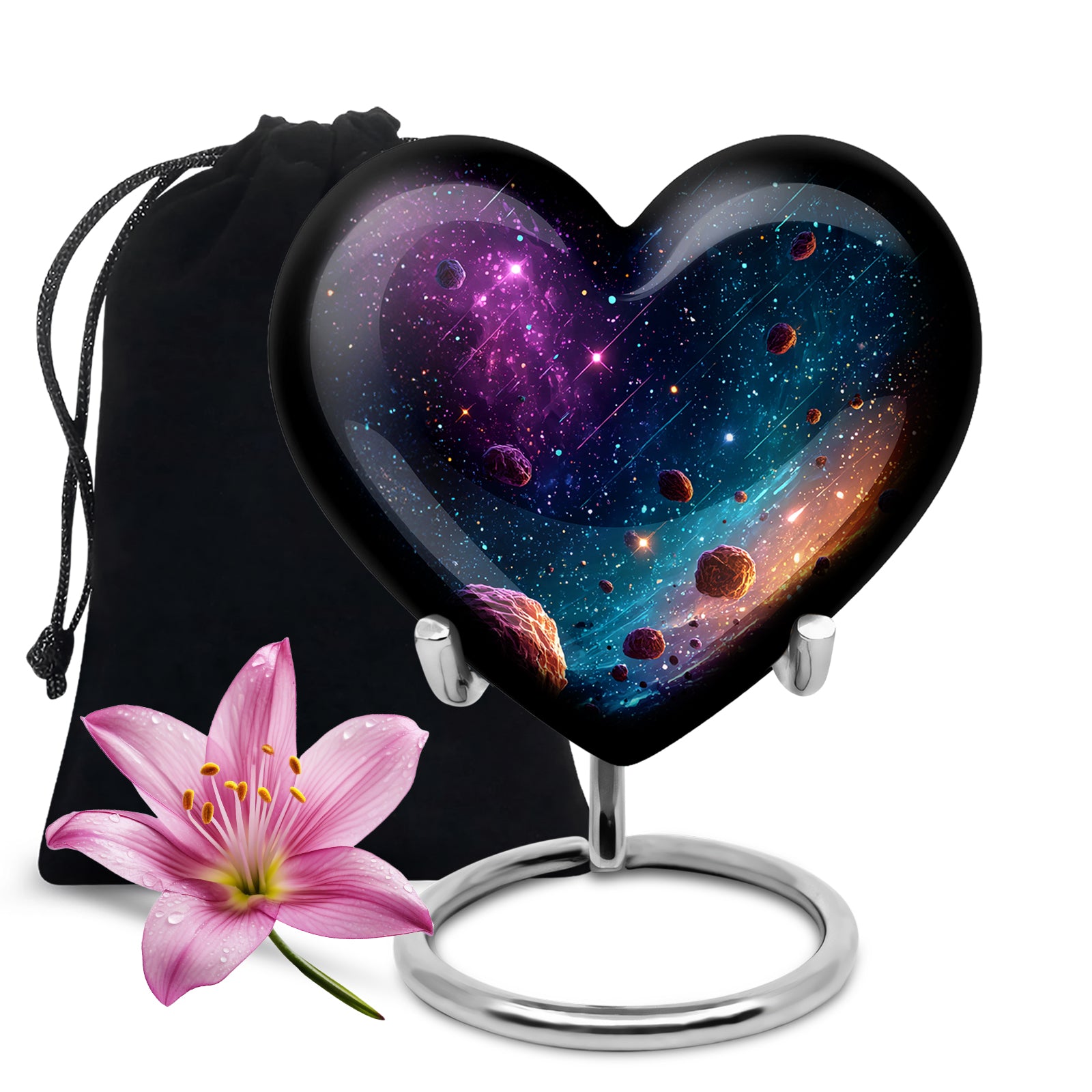 Indigo Galaxy Cremation Urn detail view - loving heart memorial featuring galaxy pattern - full-size 10 inch 200 cubic inch adult cremation urn