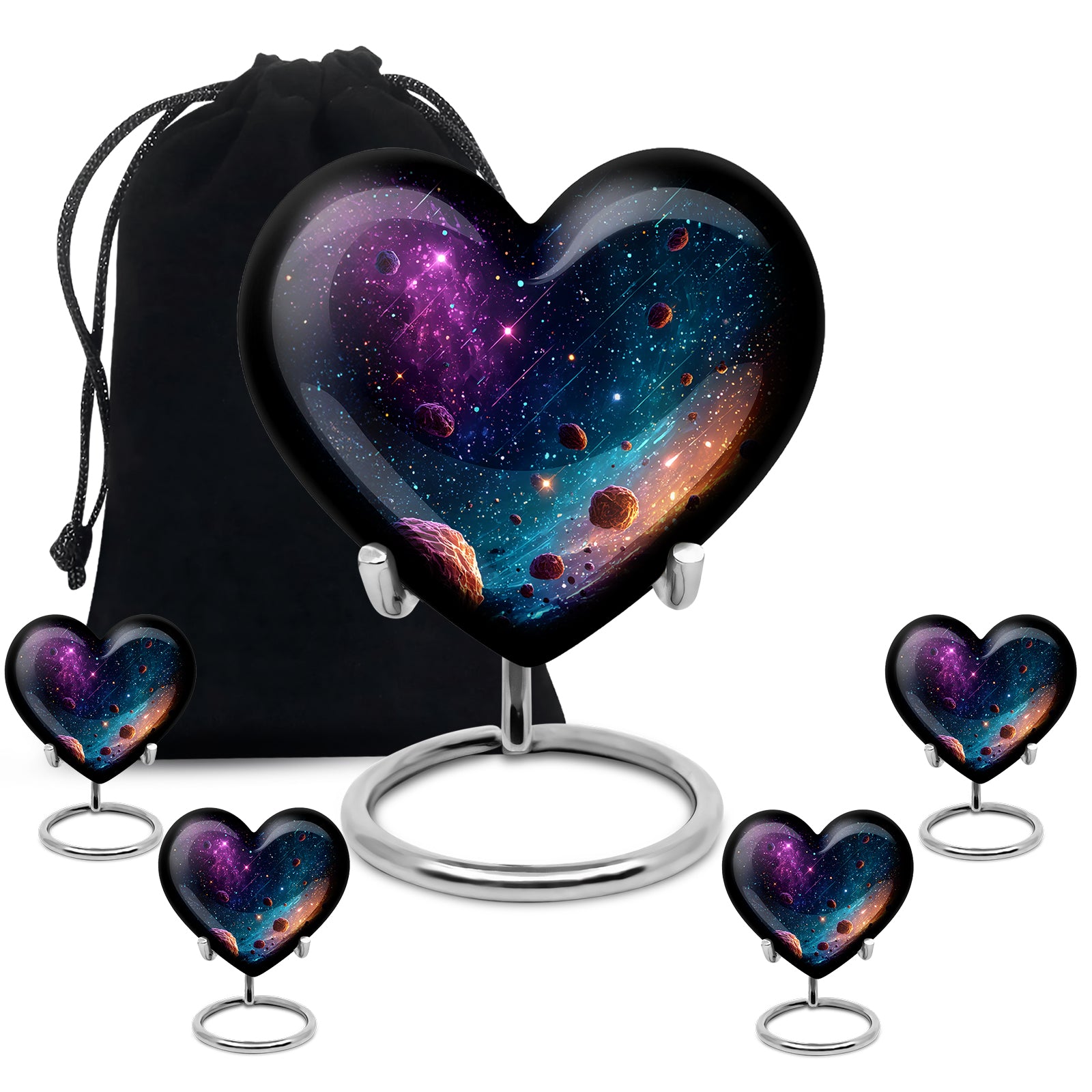 Royal Blue Galaxy Cremation Urn close-up of engraving and surface detail - romantic heart urn with galaxy motif on aluminum - memorial set with one large and four small urns