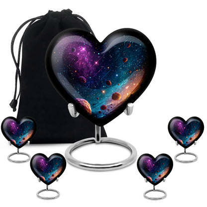 Royal Blue Galaxy Cremation Urn close-up of engraving and surface detail - romantic heart urn with galaxy motif on aluminum - memorial set with one large and four small urns