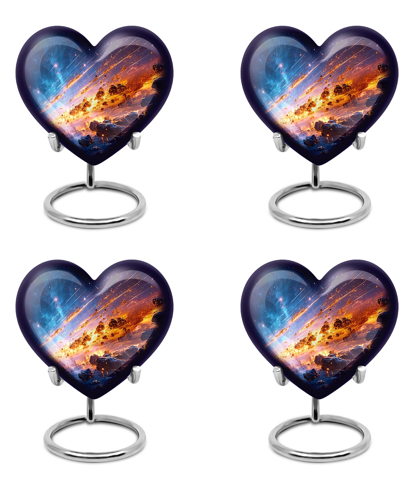 Slate Blue Galaxy Cremation Urn angled view of lid and engraved motif - loving heart memorial featuring galaxy pattern - 10 inch aluminum urn for cremated remains