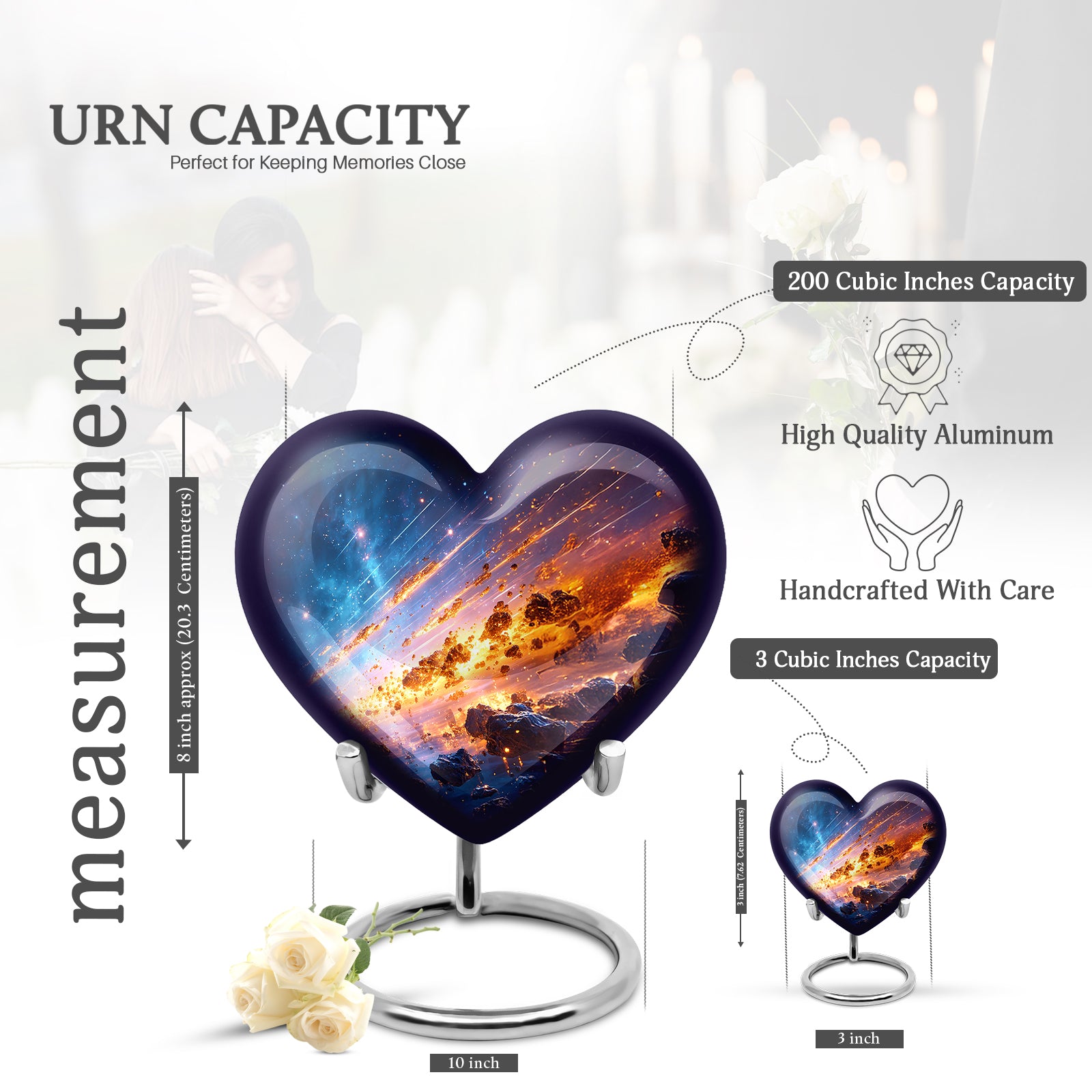 Navy Blue Galaxy Cremation Urn front view showing detailed design - heart-shaped galaxy design symbolizing eternal love - mini keepsake memorial for portion of cremation ashes