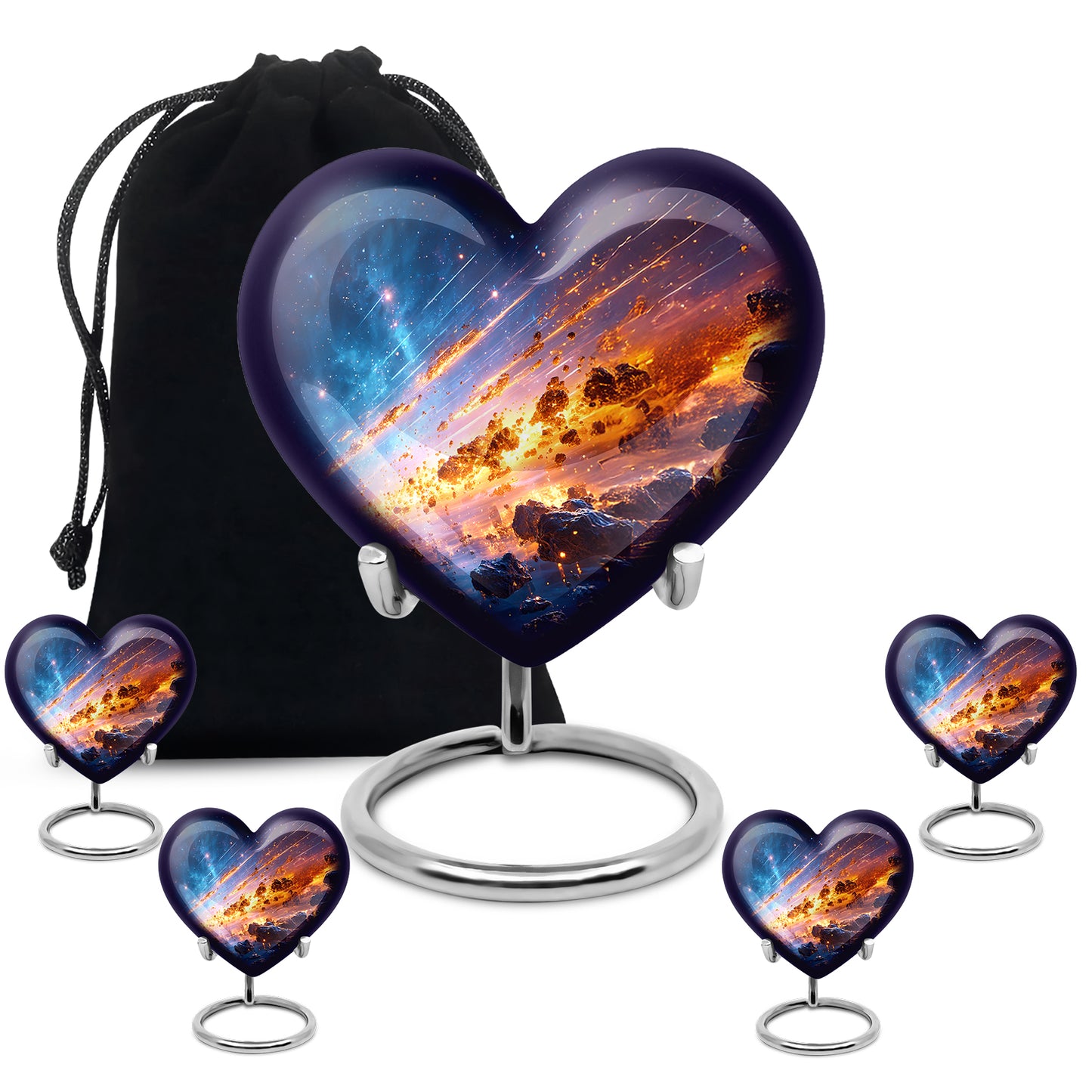 Vivid Blue Galaxy Cremation Urn close-up of engraving and surface detail - romantic heart urn with galaxy motif on aluminum - memorial set with one large and four small urns