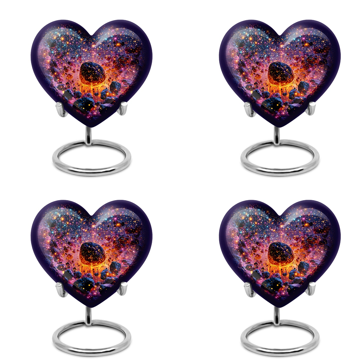 Royal Blue Galaxy Cremation Urn angled view of lid and engraved motif - compassionate heart-galaxy combination with gentle curves - 10 inch aluminum urn for cremated remains
